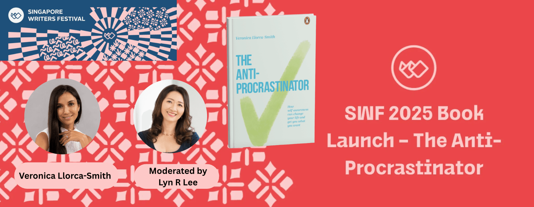 Flyer of the event with red background and the picture of 2 women and a book