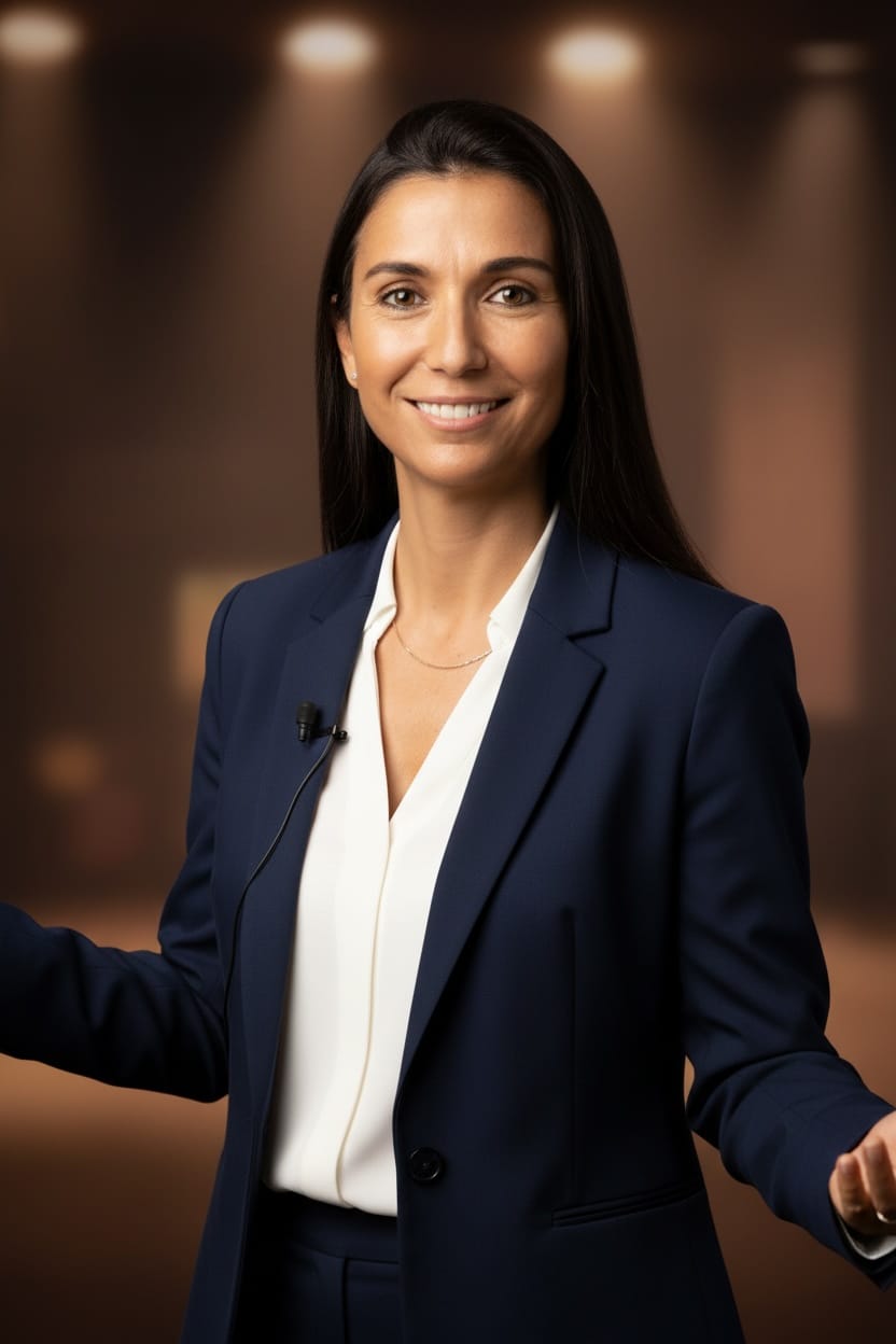 Woman speaker with a blue jacket